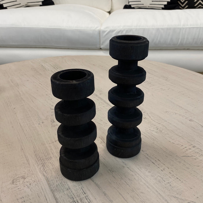 Black Threaded Solid Wood Candle Stand, Set of 2